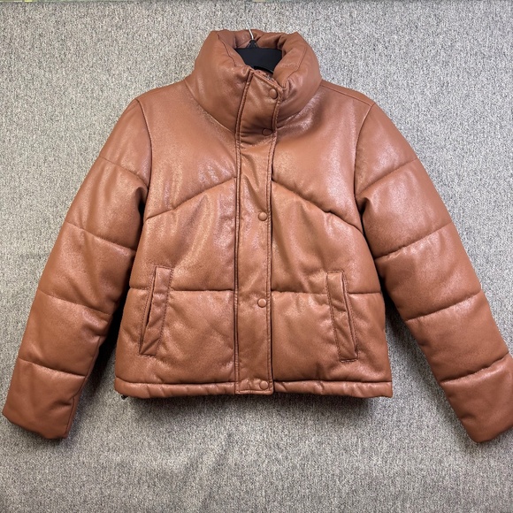 Sebby Collection Caramel Brown Faux Leather Puffer Jacket Women's Size Small - Picture 1 of 8